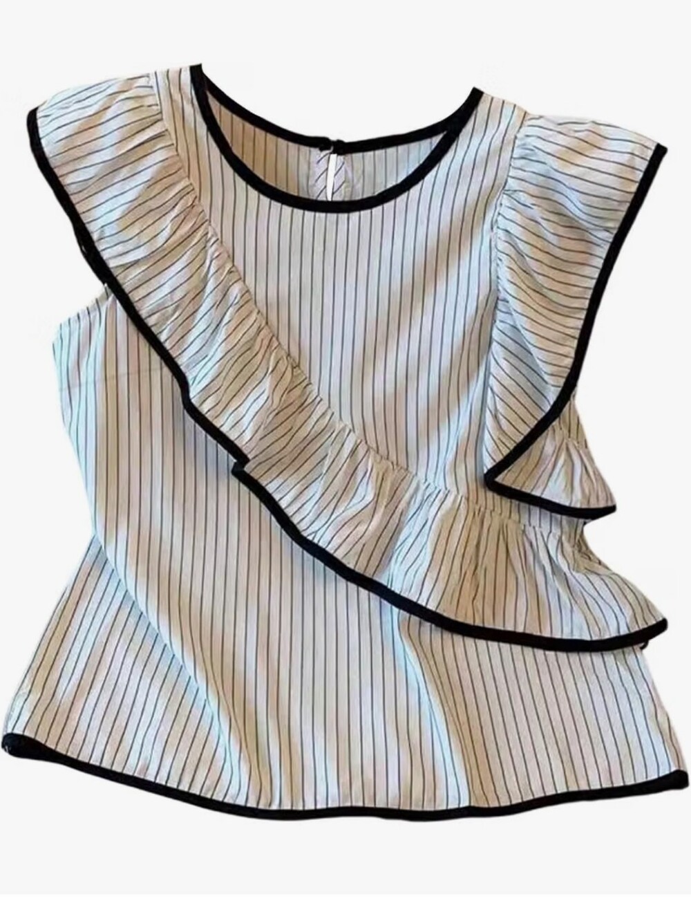 Striped Ruffle Sleeveless Blouse Crew Neck